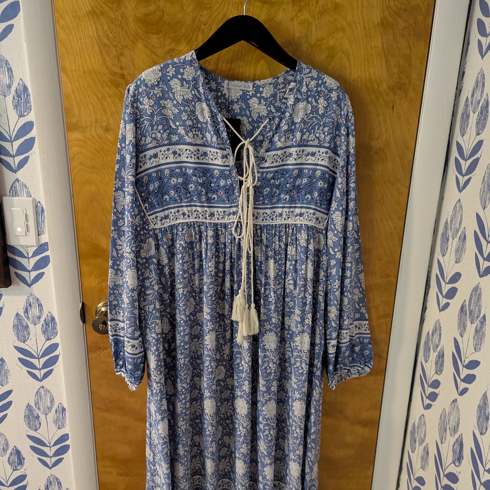 R. Vivimos Long Sleeve Retro Floral Blue Dress